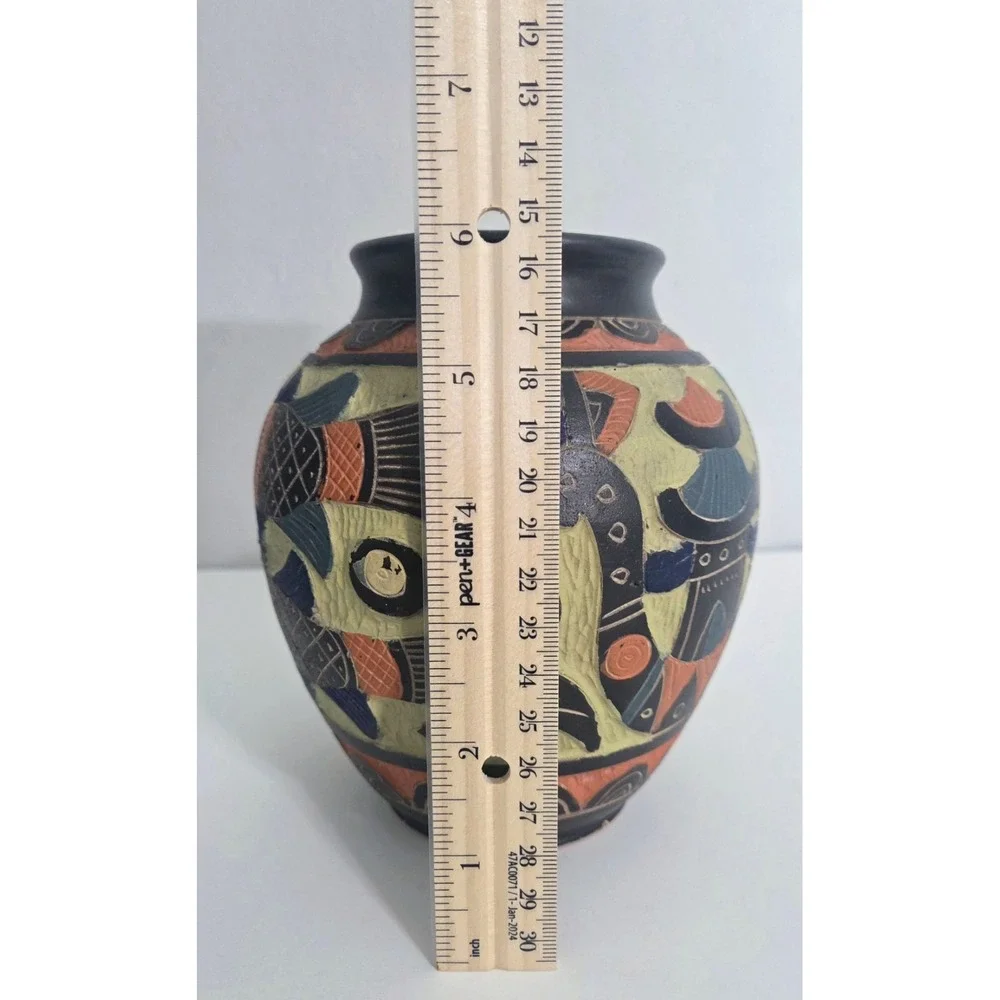 Vintage Okinawa Japan‎ Pottery Vase Hand Carved Double Sided RARE Multicolored